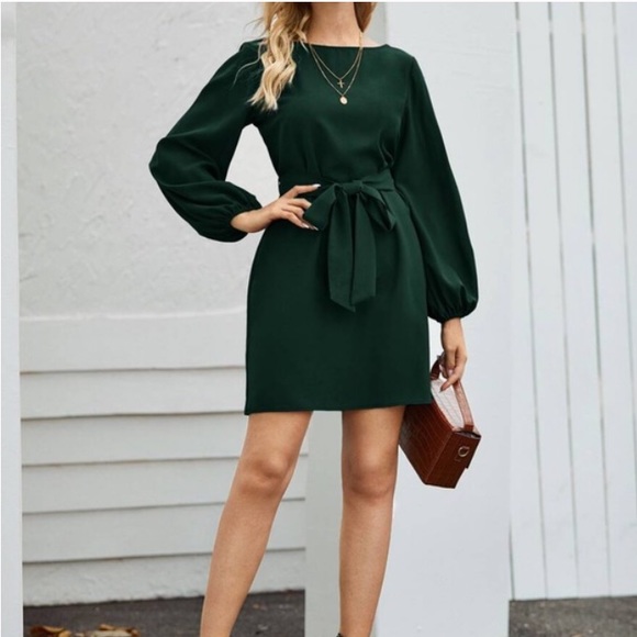 lantern long sleeve belted mini dress - Picture 11 of 14